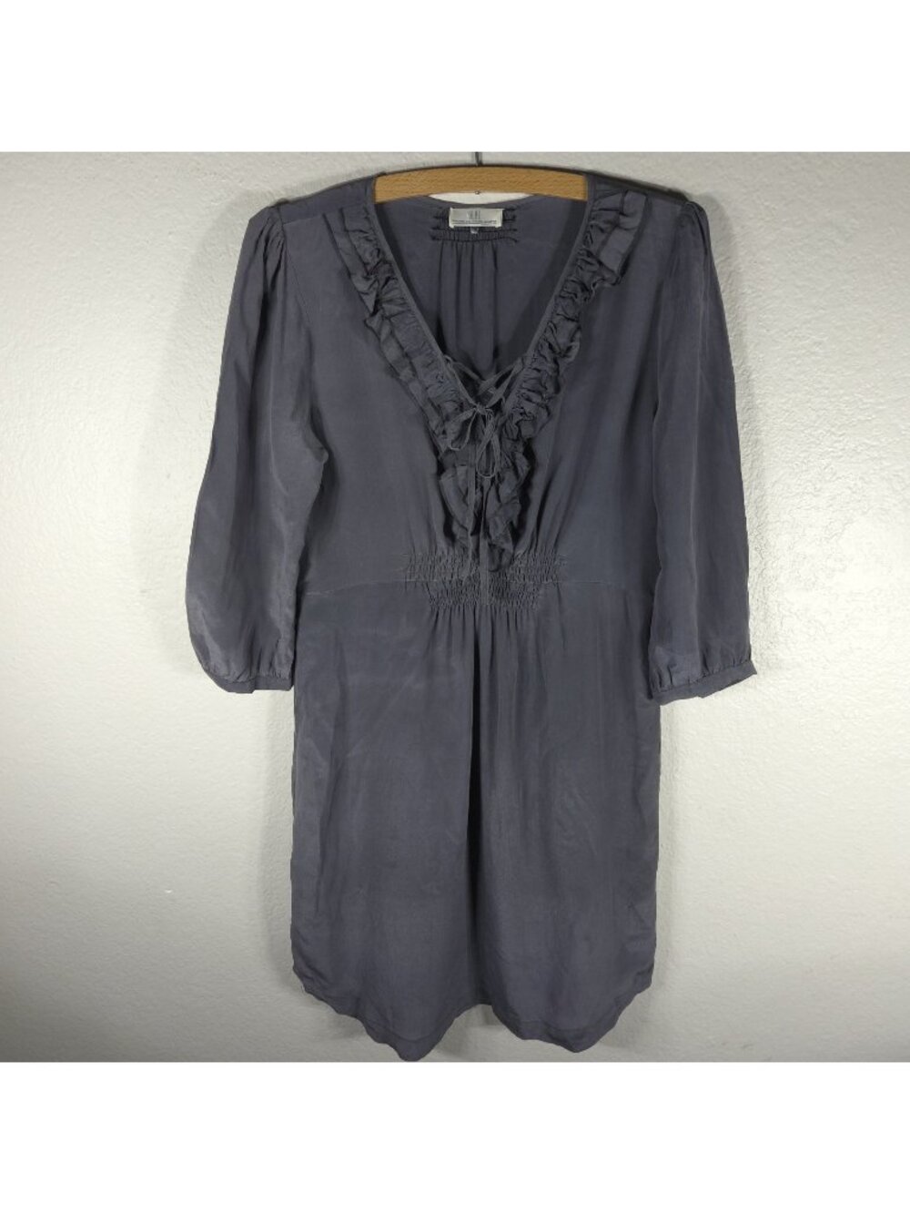 DEPT Gray Silk Ruffle Midi Tunic Dress Women’s Size S Long Sleeves Smocked